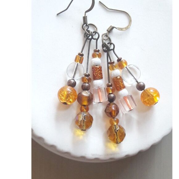 artisan earrings 365#mfs Fringe dangles golden yellows & orangey crackle glass m - Picture 3 of 5